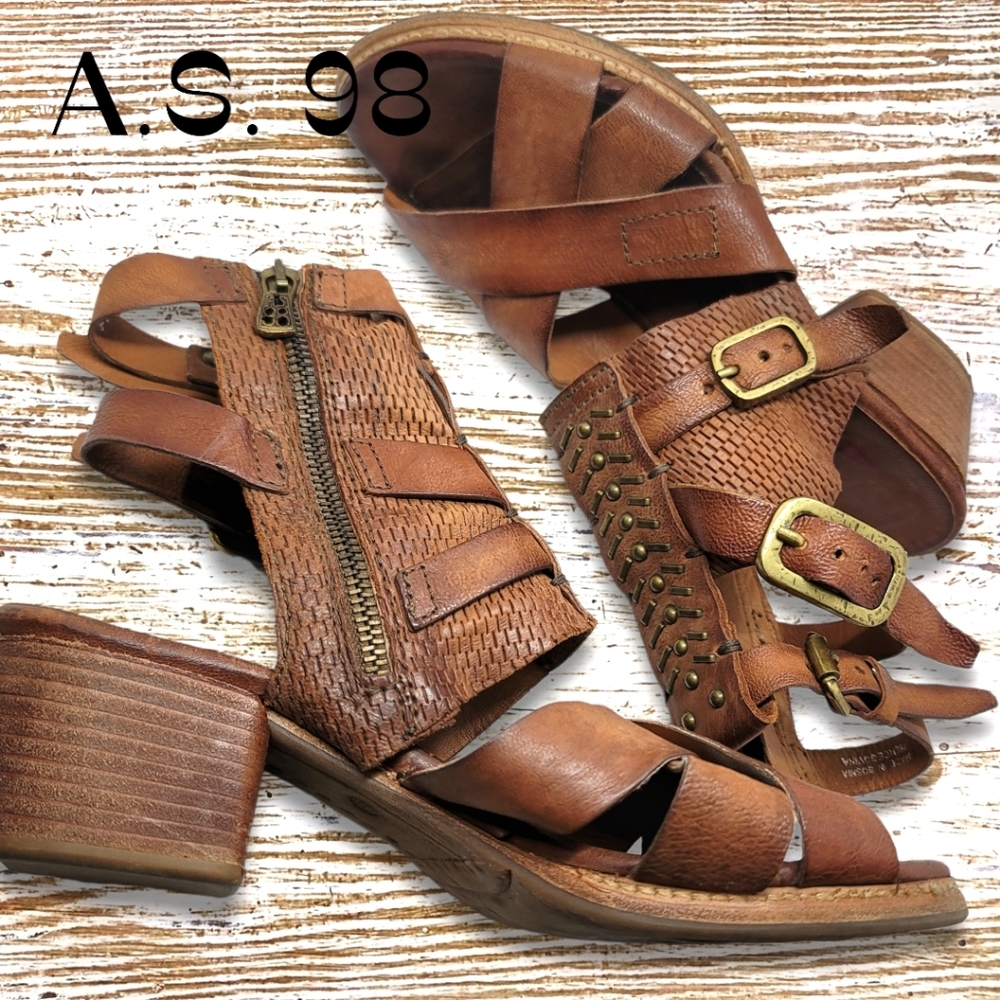 A.S. 98 Leather Gladiator Heeled Boots with Brass Accents Woven Leather